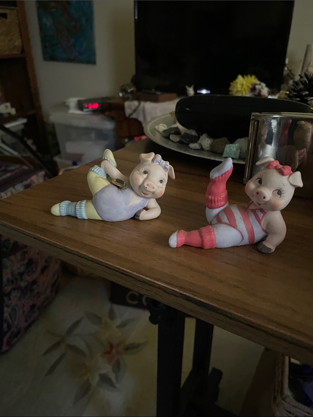 Pastel Pig Figurine Pair - Pink & Lavender exercise or Pilates so cute.